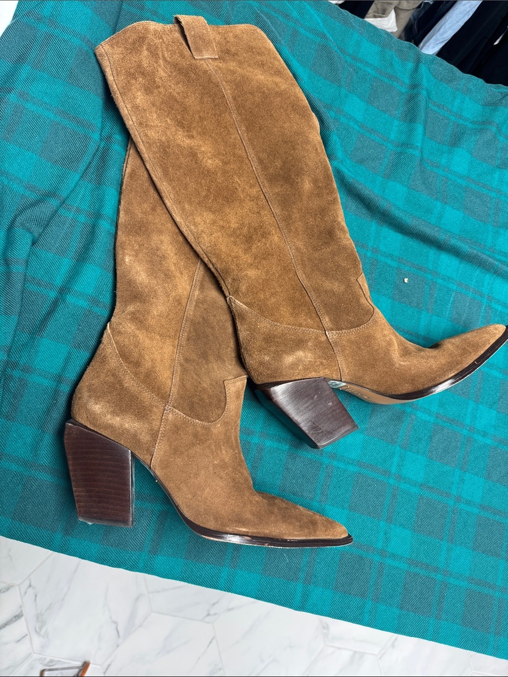 SCHUTZ Tan Suede Knee-High Pointed Toe Block Heel Boots